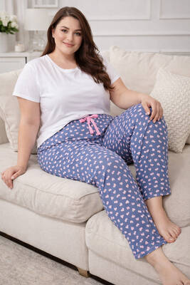 Remsa - Büyük Beden Kadın Kalp Desen Viskon Kumaş Penye Battal Tek Pijama Alt 04 İndigo