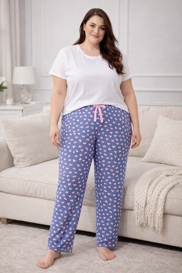 Büyük Beden Kadın Kalp Desen Viskon Kumaş Penye Battal Tek Pijama Alt 04 İndigo - Thumbnail