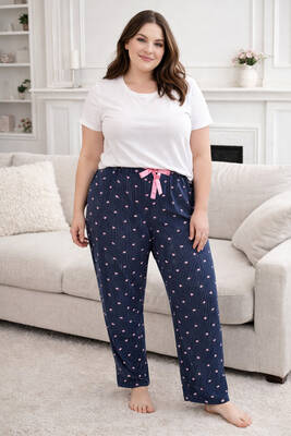 Remsa - Büyük Beden Kadın Kalp Desen Viskon Kumaş Penye Battal Tek Pijama Alt 06 Lacivert