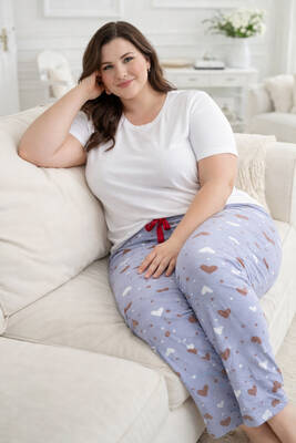 Remsa - Büyük Beden Kadın Kalp Desen Viskon Kumaş Penye Battal Tek Pijama Alt 10 Lila