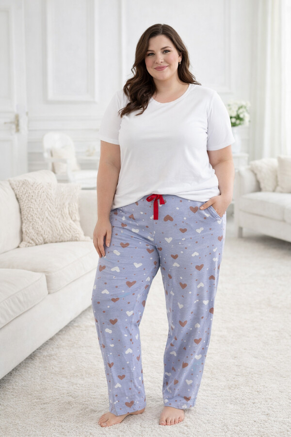 Büyük Beden Kadın Kalp Desen Viskon Kumaş Penye Battal Tek Pijama Alt 10 Lila - Thumbnail