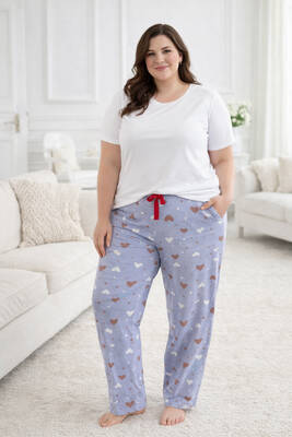 Remsa - Büyük Beden Kadın Kalp Desen Viskon Kumaş Penye Battal Tek Pijama Alt 10 Lila (1)