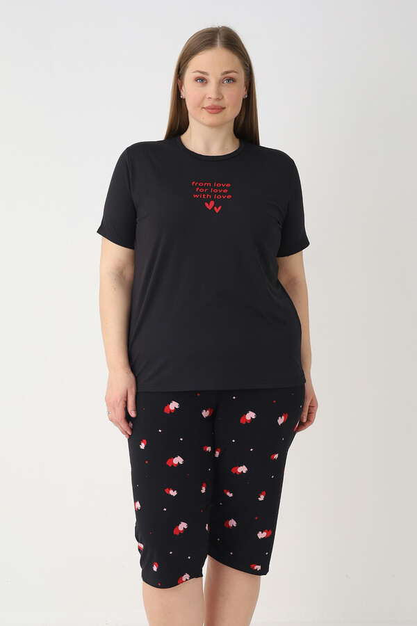 Büyük Beden Kadın Kısa Kol Kaprili Pijama Takımı 26080 Siyah - Thumbnail