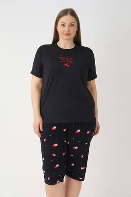 Remsa - Büyük Beden Kadın Kısa Kol Kaprili Pijama Takımı 26080 Siyah