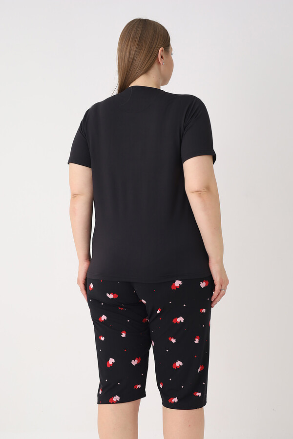 Büyük Beden Kadın Kısa Kol Kaprili Pijama Takımı 26080 Siyah - Thumbnail