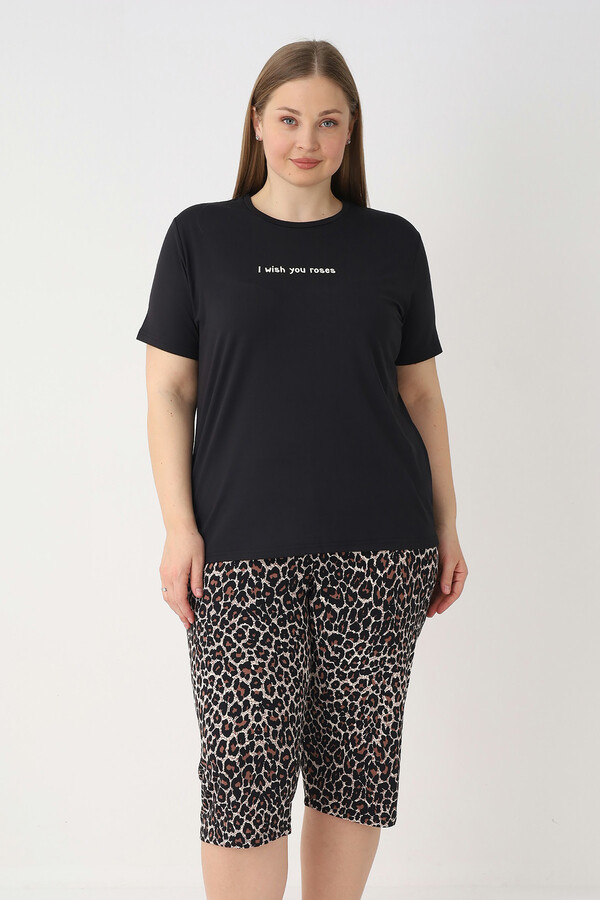 Büyük Beden Kadın Kısa Kol Kaprili Pijama Takımı 26082 Leopar - Thumbnail