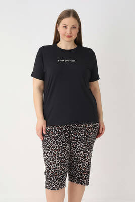 Remsa - Büyük Beden Kadın Kısa Kol Kaprili Pijama Takımı 26082 Leopar