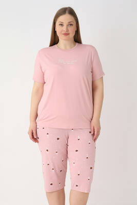 Remsa - Büyük Beden Kadın Kısa Kol Kaprili Pijama Takımı 26084 Pudra