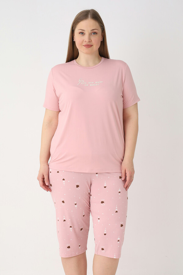 Büyük Beden Kadın Kısa Kol Kaprili Pijama Takımı 26084 Pudra - Thumbnail