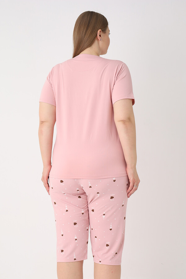 Büyük Beden Kadın Kısa Kol Kaprili Pijama Takımı 26084 Pudra - Thumbnail