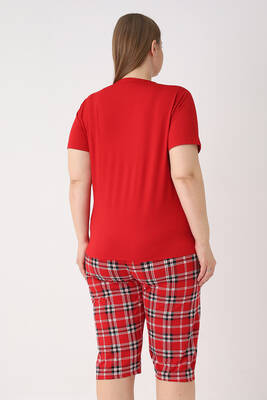 Remsa - Büyük Beden Kadın Kısa Kol Kaprili Pijama Takımı 260845 Kırmızı (1)