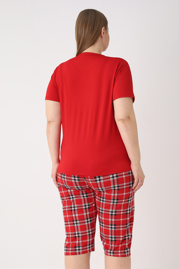 Büyük Beden Kadın Kısa Kol Kaprili Pijama Takımı 260845 Kırmızı - Thumbnail