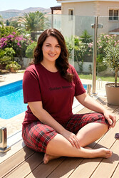 Remsa - Büyük Beden Kadın Kısa Kol Milan Kumaş Pijama Takımı 50503-3147 Bordo