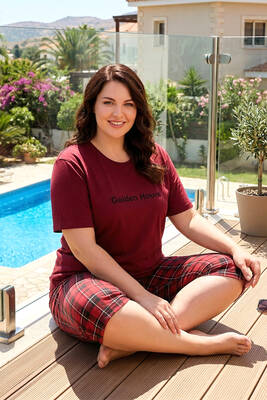 Remsa - Büyük Beden Kadın Kısa Kol Milan Kumaş Pijama Takımı 50503-3147 Bordo