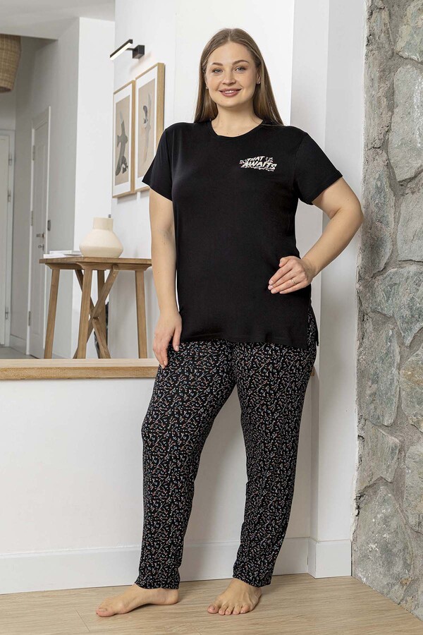 Büyük Beden Kadın Kısa Kol Viskon Pijama Takımı 250059 Siyah - Thumbnail