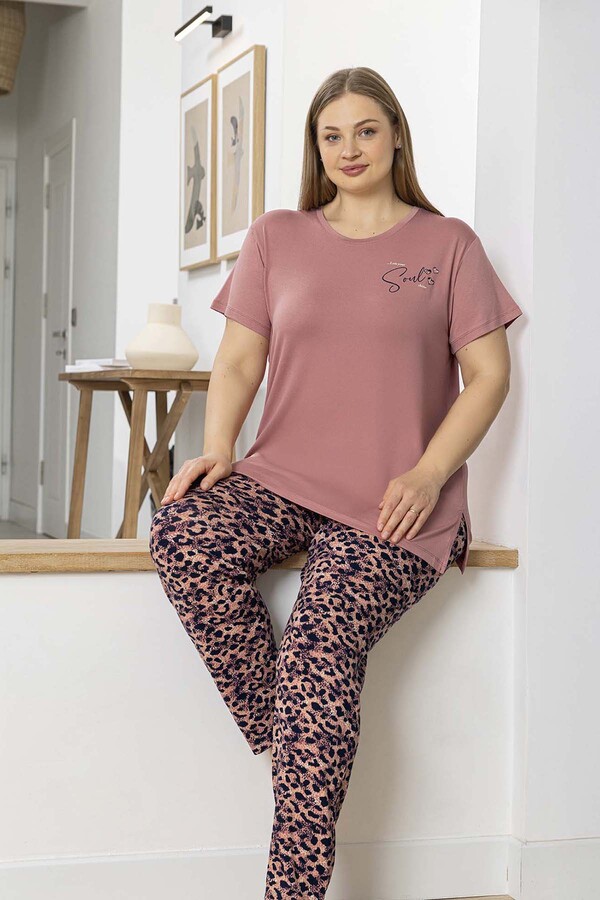 Büyük Beden Kadın Kısa Kol Viskon Pijama Takımı 260054 Gül Kurusu - Thumbnail