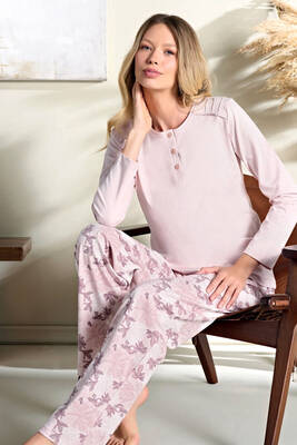 Remsa - Büyük Beden Kadın Penye Uzun Kol Pijama Takımı 3109 Pudra01