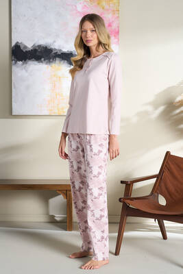 Remsa - Büyük Beden Kadın Penye Uzun Kol Pijama Takımı 3109 Pudra01 (1)