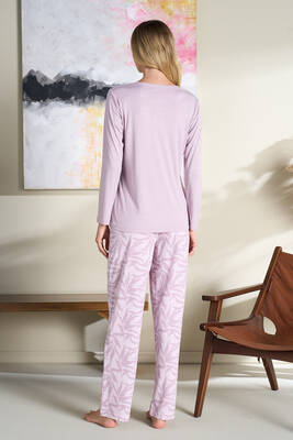 Remsa - Büyük Beden Kadın Penye Uzun Kol Pijama Takımı 3116 Mor (1)