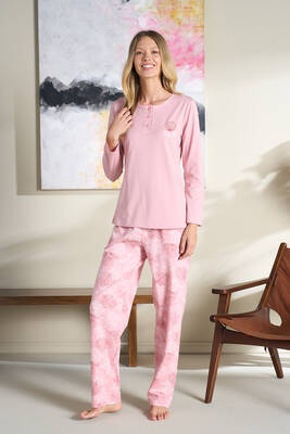 Remsa - Büyük Beden Kadın Penye Uzun Kol Pijama Takımı 3122 Pembe (1)