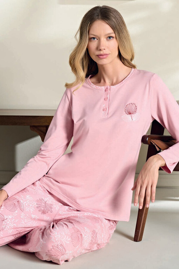 Büyük Beden Kadın Penye Uzun Kol Pijama Takımı 3122 Pembe - Thumbnail