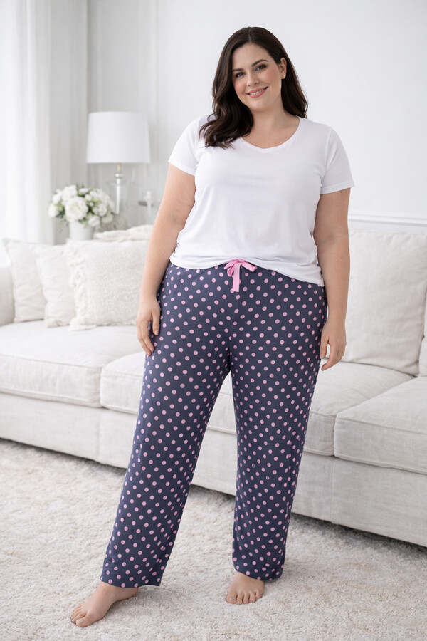 Büyük Beden Kadın Puantiye Desen Viskon Kumaş Penye Battal Tek Pijama Alt 03 Antrasit - Thumbnail