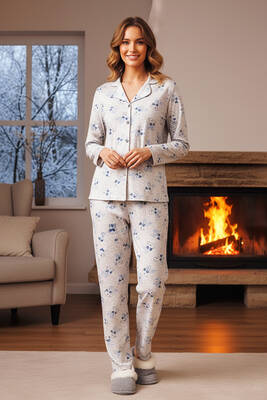 Remsa - Büyük Beden Kadın Tavşan Desen Önü Düğmeli Suprem Pijama Takımı 0515 Gri08