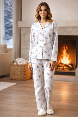 Remsa - Büyük Beden Kadın Tavşan Desen Önü Düğmeli Suprem Pijama Takımı 0515 Gri08 (1)