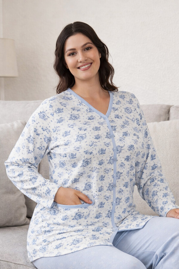 Büyük Beden Kadın Uzun Kol Kroşetalı Pamuklu Pijama Takımı 250687 Beyaz09 - Thumbnail