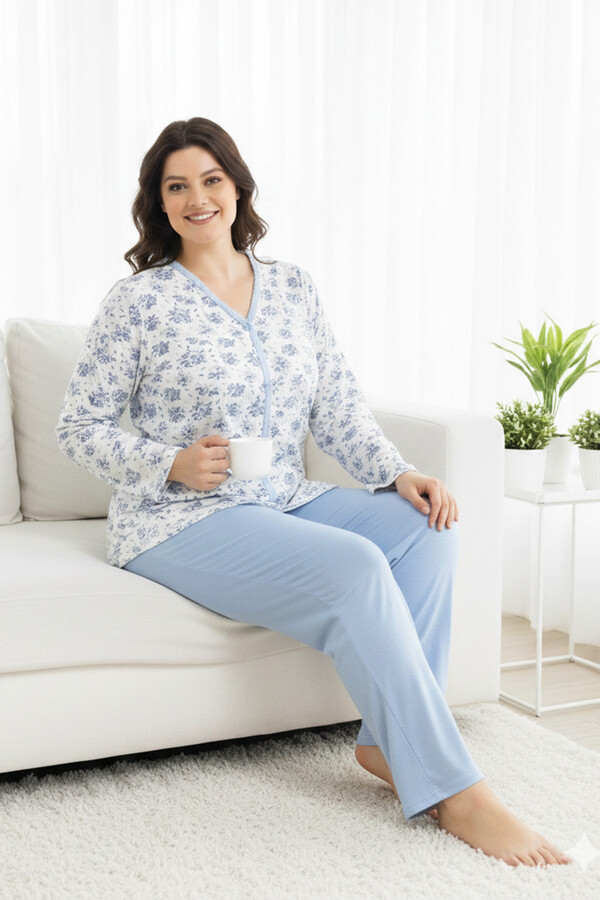 Büyük Beden Kadın Uzun Kol Kroşetalı Pamuklu Pijama Takımı 250687 Beyaz09 - Thumbnail