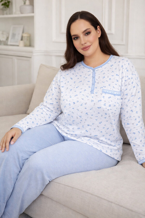 Büyük Beden Kadın Uzun Kol Kroşetalı Patlı Pamuklu Pijama Takımı 240846 Beyaz05 - Thumbnail