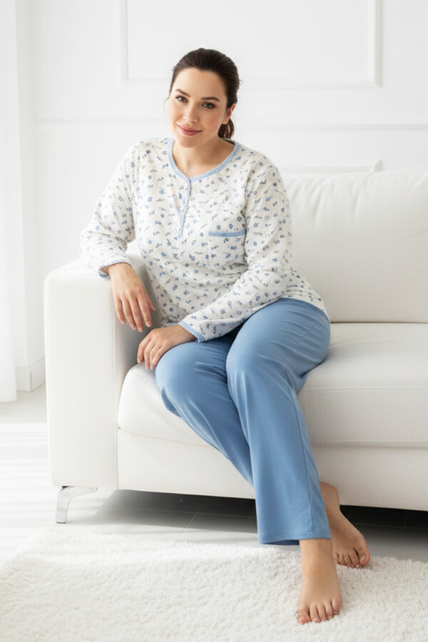 Büyük Beden Kadın Uzun Kol Kroşetalı Patlı Pamuklu Pijama Takımı 240846 Beyaz05 - Thumbnail