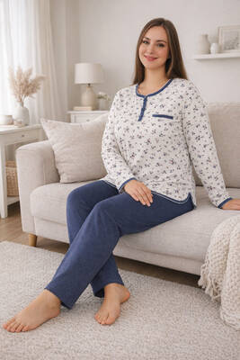 Aydoğan - Büyük Beden Kadın Uzun Kol Kroşetalı Patlı Pamuklu Pijama Takımı 250653 Beyaz14
