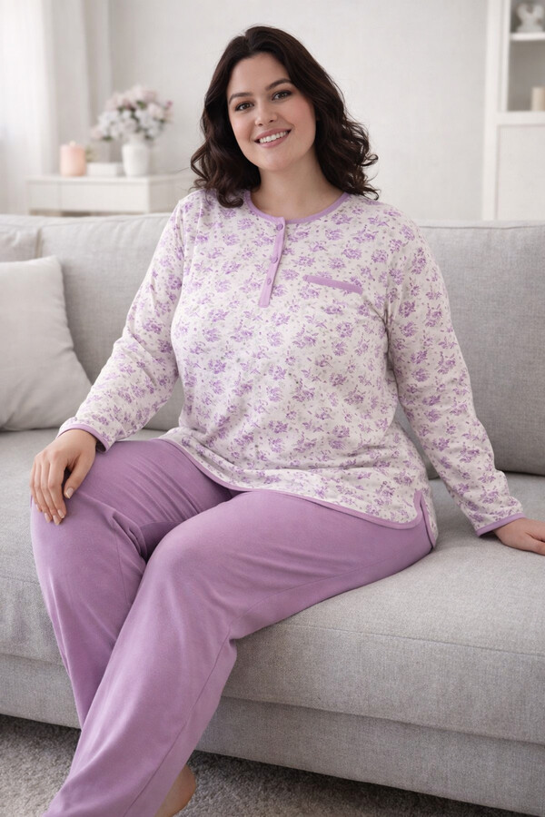 Büyük Beden Kadın Uzun Kol Kroşetalı Patlı Pamuklu Pijama Takımı 250676 Beyaz03 - Thumbnail