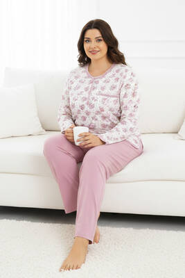 Aydoğan - Büyük Beden Kadın Uzun Kol Kroşetalı Patlı Pamuklu Pijama Takımı 250692 Beyaz07