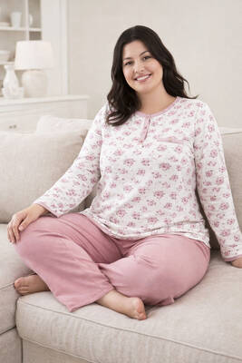 Aydoğan - Büyük Beden Kadın Uzun Kol Kroşetalı Patlı Pamuklu Pijama Takımı 250692 Beyaz07 (1)