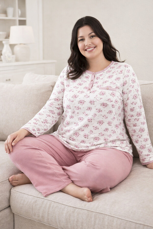 Büyük Beden Kadın Uzun Kol Kroşetalı Patlı Pamuklu Pijama Takımı 250692 Beyaz07 - Thumbnail