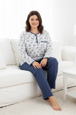 Aydoğan - Büyük Beden Kadın Uzun Kol Kroşetalı Patlı Pamuklu Pijama Takımı 250696 Beyaz12