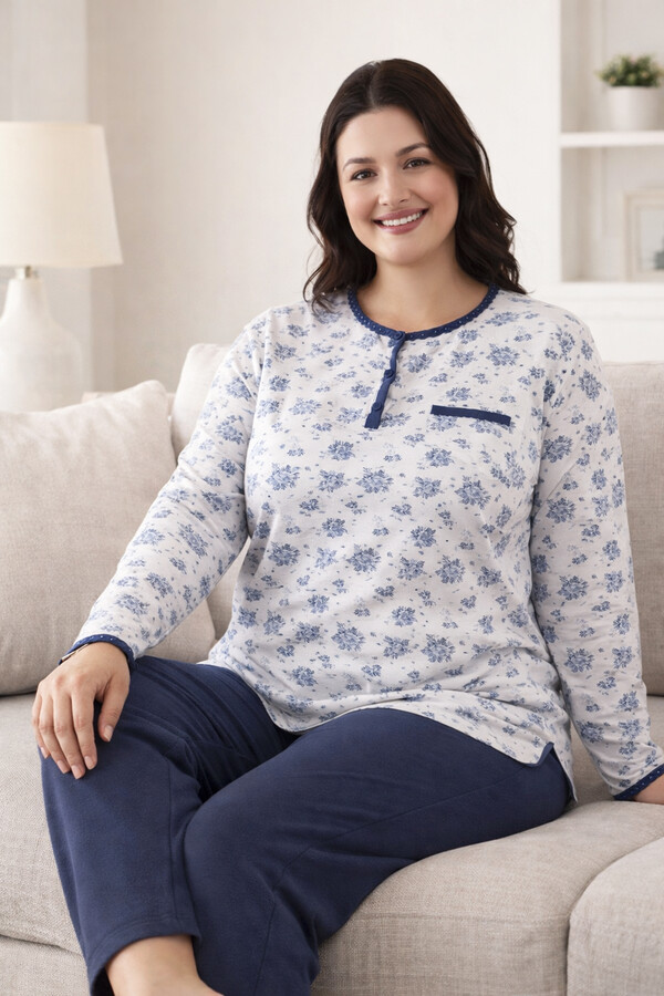 Büyük Beden Kadın Uzun Kol Kroşetalı Patlı Pamuklu Pijama Takımı 250696 Beyaz12 - Thumbnail