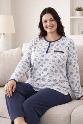 Aydoğan - Büyük Beden Kadın Uzun Kol Kroşetalı Patlı Pamuklu Pijama Takımı 250696 Beyaz12 (1)