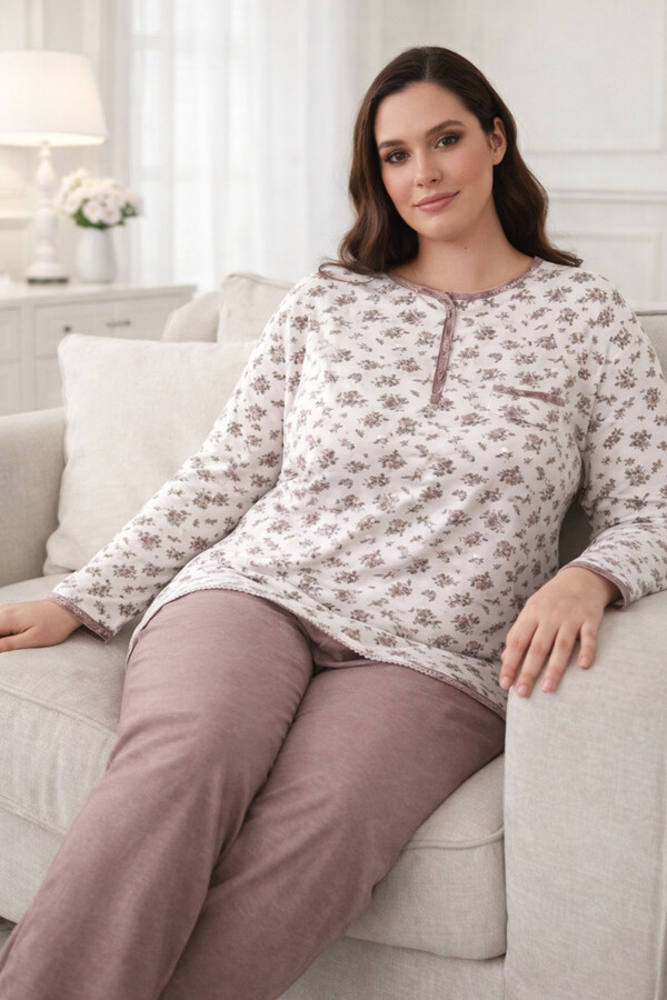 Büyük Beden Kadın Uzun Kol Kroşetalı Patlı Pamuklu Pijama Takımı 4026 Beyaz01 - Thumbnail