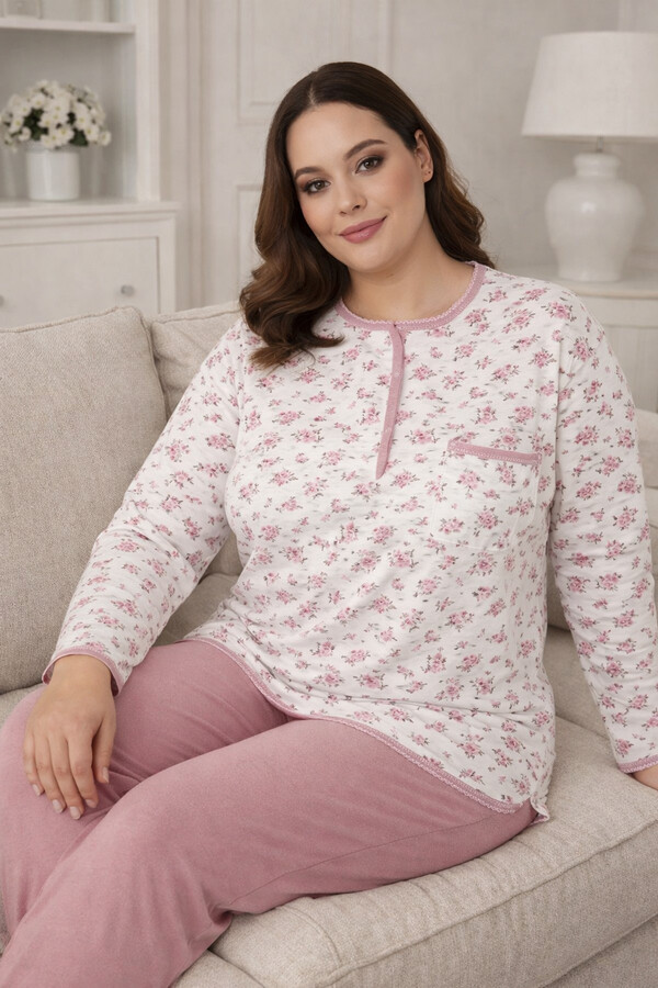 Büyük Beden Kadın Uzun Kol Kroşetalı Patlı Pamuklu Pijama Takımı 4030 Beyaz13 - Thumbnail