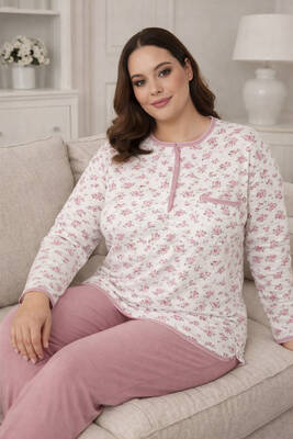 Aydoğan - Büyük Beden Kadın Uzun Kol Kroşetalı Patlı Pamuklu Pijama Takımı 4030 Beyaz13 (1)