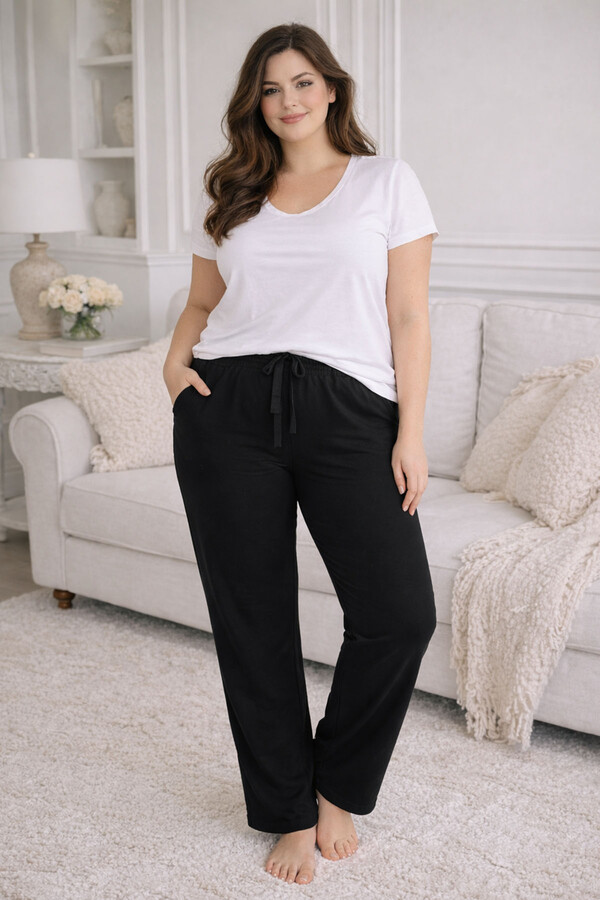 Büyük Beden Kadın Viskon Kumaş Penye Battal Tek Pijama Alt 16 Siyah02 - Thumbnail