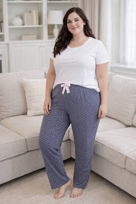 Remsa - Büyük Beden Kadın Yıldız Desen Viskon Kumaş Penye Battal Tek Pijama Alt 05 İndigo01 (1)