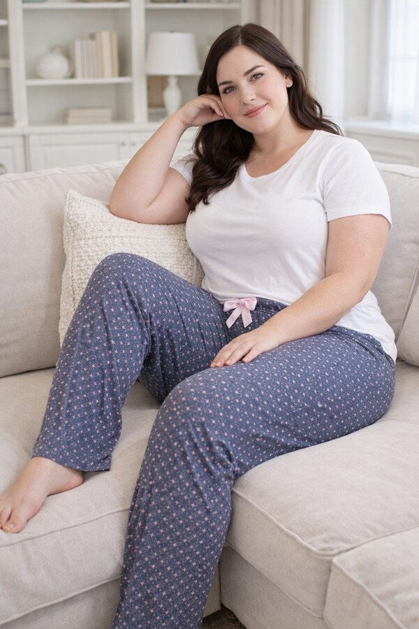 Büyük Beden Kadın Yıldız Desen Viskon Kumaş Penye Battal Tek Pijama Alt 05 İndigo01 - Thumbnail