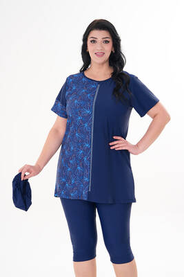 Remsa - Büyük Beden Kısa Kol Yarı Kapalı Tesettür Mayo 2518 Çiçekli Lacivert Remsa - Büyük Beden Kısa Kol Yarı Kapalı Tesettür Mayo 2518 Çiçekli Lacivert