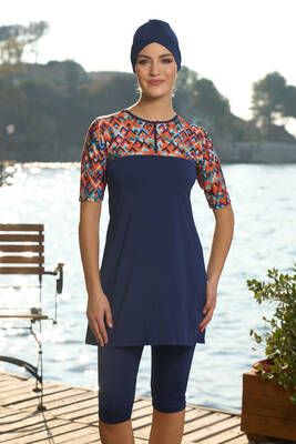 Estiva - Büyük Beden Kısa Kollu Yarı Kapalı Mayo 24821 Lacivert