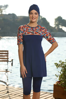 Estiva - Büyük Beden Kısa Kollu Yarı Kapalı Mayo 24821 Lacivert (1)