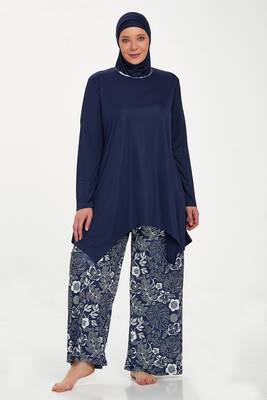 Rozamay - Büyük Beden Likralı Tam Kapalı Tesettür Mayo Bol Paça Rozamay Dorothy 9242 Koyu Lacivert